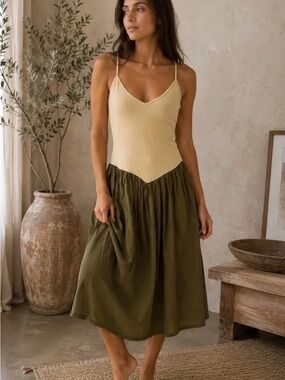 Maeve Two-Tone Olive and Cream Midi Dress